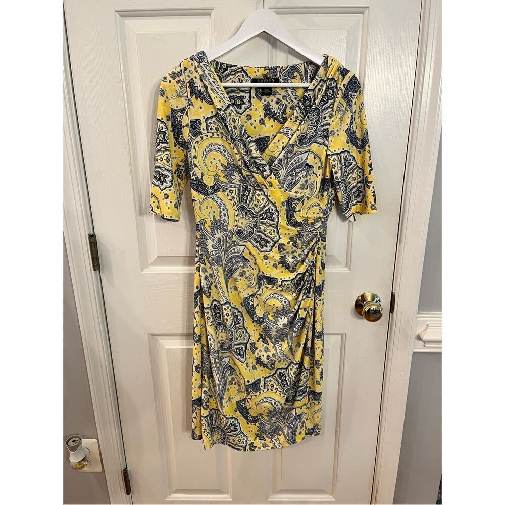 Lauren Ralph Lauren Yellow & Blue Paisley Faux Wrap Flattering Dress sz 4 EUC